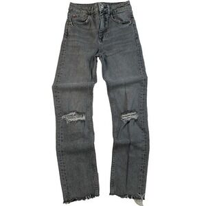 Zara Jeans Womens 0 Gray Denim High Rise Straight Leg Raw Hem Distressed Zip Fly